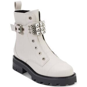 Karl Lagerfeld Paris Maeva White Leather Embellished Crystal Buckle Combat Boots
